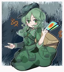 Rule 34 | 1girl, :o, absurdres, backpack, bag, between fingers, blush, border, camouflage, camouflage jacket, camouflage skirt, card, chinese commentary, cowboy shot, cropped torso, dollar sign, dress, grass, green dress, green eyes, green hair, green hat, hand up, hat, highres, holding, holding card, jacket, key, long hair, looking at viewer, maple-xf, outside border, petticoat, skirt, solo, touhou, wavy hair, white border, yamashiro takane