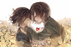 Rule 34 | androgynous, bad id, bad pixiv id, brown hair, chara (undertale), closed eyes, field, flower, flower field, frisk (undertale), gender request, hands on another&#039;s face, heart, heart necklace, jewelry, necklace, open mouth, opopowa, red eyes, shirt, spoilers, striped clothes, striped shirt, striped sweater, sweater, undertale, upper body, white background