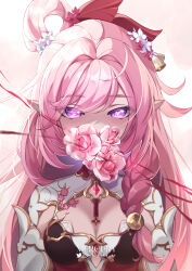 Rule 34 | 1girl, absurdres, bell, braid, breasts, cleavage, commentary request, covered mouth, dress, elysia (honkai impact), elysia (miss pink elf) (honkai impact), eyes visible through hair, flower, hair bell, hair flower, hair ornament, hair over one eye, hair rings, highres, honkai (series), honkai impact 3rd, long hair, looking at viewer, medium breasts, mercury jc, pink flower, pink hair, pink rose, pointy ears, purple eyes, red flower, rose, single braid, solo, upper body, white dress, white flower