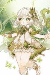 Rule 34 | 1girl, :o, bloomers, blush, bracelet, commentary request, cross-shaped pupils, detached sleeves, dress, eyelashes, floating hair, genshin impact, gold trim, green background, green dress, green eyes, green hair, green sleeves, hair between eyes, hair ornament, highres, jewelry, kun (user ahgn2825), leaf hair ornament, leg up, long hair, multicolored hair, nahida (genshin impact), open mouth, pointy ears, ponytail, short sleeves, side ponytail, sidelocks, simple background, sleeveless, sleeveless dress, solo, streaked hair, symbol-shaped pupils, underwear, white background, white bloomers, white dress, white hair