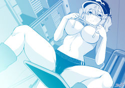 Rule 34 | 1girl, alternate costume, blue theme, blush, boots, breasts, buruma, chair, closed mouth, commentary request, covering privates, covering breasts, feet out of frame, flat cap, hair bobbles, hair ornament, hat, highres, indoors, kagiyama shachou, kawashiro nitori, large breasts, looking at viewer, medium hair, monochrome, navel, shelf, sidelocks, sitting, solo, topless, touhou, two side up