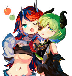 Rule 34 | 2girls, apple, bikini, bikini top only, black bikini, black hair, black sleeves, blue eyes, blue shorts, blush, breasts, commentary request, demon girl, demon horns, detached sleeves, eyepatch, fishnet top, fishnets, food, fruit, green apple, green hair, highres, honey strap, horns, jacket, jewelry, large breasts, long hair, long sleeves, looking at viewer, midriff, multicolored hair, multiple girls, nanashi inc., navel, navel piercing, necklace, official alternate costume, one eye closed, open mouth, piercing, red apple, red hair, ryugasaki rene, ryugasaki rene (2nd costume), sekishiro mico, shio midori, short hair, shorts, shrug (clothing), simple background, smile, sugar lyric, swimsuit, tongue, tongue out, two-tone hair, underboob, upper body, virtual youtuber, white background, white jacket