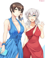 Rule 34 | 10s, 2girls, ;d, absurdres, alternate costume, arm at side, arm behind back, armpits, bag, bare arms, bare shoulders, blue dress, blue eyes, blush, bracelet, breasts, brown eyes, brown hair, cleavage, closed mouth, collarbone, contemporary, curly hair, dress, earrings, evening gown, expressionless, hand up, handbag, happy, highres, holding, jewelry, kaga (kancolle), kantai collection, kashima (kancolle), large breasts, long hair, looking at viewer, multiple girls, neck, one eye closed, open mouth, red dress, serious, silver hair, simple background, single-shoulder dress, smile, twintails, twitter username, wangphing, waving, white background, wink