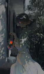 Rule 34 | 1girl, absurdres, ahoge, brown hair, choker, closed mouth, dappled moonlight, dress, frilled dress, frilled sleeves, frills, glowing, glowing eyes, highres, holding, holding lantern, lantern, leaf, long sleeves, looking at viewer, looking to the side, moonlight, night, original, outdoors, profile, purple pupils, red eyes, short hair, standing, tree, wall, white dress, xoxzxox