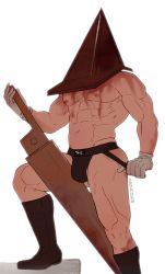 Rule 34 | 1boy, abs, bara, bare pectorals, blood, blood stain, boots, bulge, feet out of frame, gloves, helmet, highres, jockstrap, large pectorals, macho juice, male focus, male underwear, male underwear pull, muscular, navel, nipples, oversized object, pectorals, pyramid head, silent hill (series), silent hill 2, solo, thick thighs, thighs, underwear, weapon, white background, white gloves