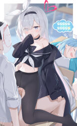 Rule 34 | 1boy, 2girls, :d, = =, arona (blue archive), black choker, black coat, black eyes, black hair, black hairband, black sailor collar, black serafuku, blue archive, blue hair, blurry, blurry background, blush, bow hairband, censored, chair, choker, classroom, clothes down, coat, coat partially removed, collarbone, collared shirt, commentary, covering own mouth, dashed eyes, doodle sensei (blue archive), drooling, flat chest, furrowed brow, girl on top, grey hair, hair over one eye, hairband, halo, hand over own mouth, heart, heart halo, hetero, highres, indoors, light blush, long hair, looking at another, mosaic censoring, motion lines, mouth drool, multiple girls, navel, neckerchief, nipples, no pants, open clothes, open coat, open mouth, pantyhose, pink halo, plana (blue archive), pussy juice, red halo, red pupils, sailor collar, school uniform, sensei (blue archive), serafuku, serika, sex, shirt, short hair, sitting, sleeping, sleeves past wrists, sleeves rolled up, smile, straddling, thought bubble, trembling, upright straddle, vaginal, very long hair, very short hair, white hairband, white neckerchief, white sailor collar, white shirt
