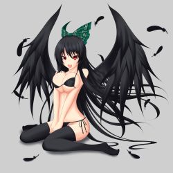 Rule 34 | 1girl, bikini, black bikini, black hair, black thighhighs, bow, breasts, breasts squeezed together, fangs, feathers, female focus, gmot, hair bow, highres, large breasts, long hair, open mouth, radiation symbol, radiation symbol-shaped pupils, red eyes, reiuji utsuho, side-tie bikini bottom, sitting, solo, swimsuit, symbol-shaped pupils, thighhighs, touhou, v arms, wariza, wings