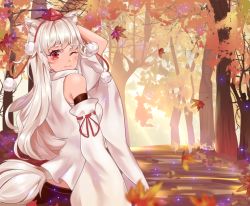 Rule 34 | 1girl, alternate hair length, alternate hairstyle, animal ear fluff, animal ears, arm behind head, arm up, autumn, autumn leaves, bare shoulders, black skirt, blush, breasts, chinese commentary, commentary request, cowboy shot, detached sleeves, forest, from behind, inubashiri momiji, light particles, long hair, long sleeves, looking at viewer, looking back, medium breasts, midriff peek, nature, one eye closed, outdoors, pom pom (clothes), red eyes, ribbon-trimmed sleeves, ribbon trim, sarashi, silver hair, skirt, solo, standing, tail, tassel, thick eyebrows, touhou, tree, vi-time, wide sleeves, wolf ears, wolf tail