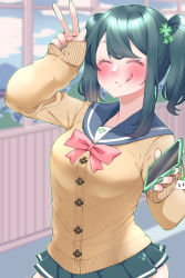 Rule 34 | 1girl, blush, bow, cellphone charm, character request, charm (object), closed eyes, clover hair ornament, green hair, green nails, green skirt, hair ornament, hair up, hand up, highres, holding, holding phone, indoors, licking lips, long sleeves, nail polish, phone, pink bow, school uniform, serafuku, short twintails, skirt, sunao na kapipara, tongue, tongue out, twintails, v, virtual youtuber, window, yellow serafuku