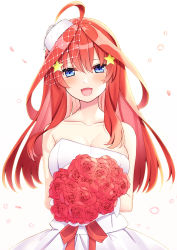 Rule 34 | 1girl, :d, absurdres, ahoge, ao (flowerclasse), bare shoulders, blue eyes, blush, bouquet, breasts, cleavage, collarbone, commentary request, dress, flower, go-toubun no hanayome, hair between eyes, hair ornament, highres, holding, holding bouquet, long hair, looking at viewer, medium breasts, nakano itsuki, open mouth, red flower, red hair, red rose, rose, simple background, smile, solo, star (symbol), star hair ornament, strapless, strapless dress, wedding dress, white background, white dress