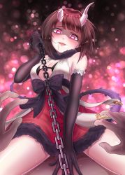Rule 34 | + +, 1boy, 1girl, absurdres, bare shoulders, black bow, black gloves, black hair, blush, bow, breasts, broken horn, carmen kiruya, chain, chain leash, cleavage, commentary request, demon girl, demon horns, dress, elbow gloves, eriko (princess connect!), fur-trimmed dress, fur trim, gloves, glowing, glowing eyes, hair in own mouth, head tilt, highres, holding, holding chain, horns, large breasts, leash, leash pull, looking at viewer, pov, pov hands, princess connect!, purple eyes, red dress, shaded face, short hair, sleeveless, sleeveless dress, solo focus, spiked tail, straddling, symbol-shaped pupils, tail, viewer on leash