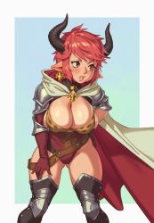 Rule 34 | 1girl, armor, boots, breasts, cleavage, cloak, earrings, elbow gloves, gloves, granblue fantasy, highres, horns, jewelry, large breasts, lipstick, makeup, red eyes, red hair, riz, simple background, skindentation, solo, sturm (granblue fantasy), sweat, thigh boots, thighhighs, thighs