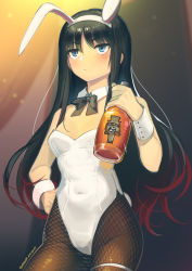 Rule 34 | 1girl, animal ears, black bow, black bowtie, black hair, black pantyhose, blue eyes, boa (brianoa), bottle, bow, bowtie, breasts, detached collar, fake animal ears, fake tail, fishnet pantyhose, fishnets, gradient hair, highres, holding, holding bottle, leotard, long hair, multicolored hair, pantyhose, playboy bunny, rabbit ears, rabbit tail, red hair, sidelocks, small breasts, solo, strapless, strapless leotard, tail, thigh strap, tohno akiha, tsukihime, white leotard, wrist cuffs