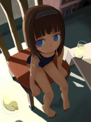 Rule 34 | 1girl, blue eyes, brown hair, chair, child, drink, from above, one-piece swimsuit, short hair, solo, swimsuit
