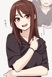 Rule 34 | 1girl, :d, black nails, black shirt, blush, breasts, brown eyes, brown hair, cleavage, collarbone, commentary request, grey background, hand under clothes, hand under shirt, highres, kapatarou, long hair, looking at viewer, multiple views, nail polish, open mouth, original, shirt, short sleeves, simple background, smile, translation request
