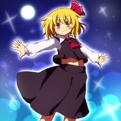 Rule 34 | 1girl, ascot, blonde hair, do (4-rt), female focus, full moon, hair ribbon, moon, navel, outstretched arms, red eyes, ribbon, rumia, short hair, skirt, smile, solo, touhou