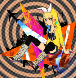 Rule 34 | 1girl, aircraft, airplane, black shirt, black thighhighs, blonde hair, blue eyes, boots, collarbone, eyelashes, fork, hair ornament, hairclip, highres, hood, hoodie, jewelry, kagamine rin, knife, mitosa, necklace, serious, shirt, short hair, shorts, sitting, solo, spiral, spiral background, star (symbol), thighhighs, utility pole, vocaloid, white footwear, yellow hoodie