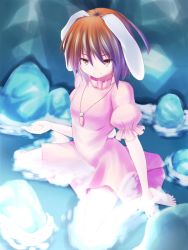 Rule 34 | 1girl, animal ears, barefoot, brown eyes, brown hair, closed mouth, dress, frilled dress, frills, full body, inaba tewi, jewelry, looking at viewer, pendant, pink shirt, rabbit ears, rerrere, shirt, short hair, short sleeves, sitting, smile, solo, toes, touhou, wariza