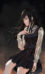 1girl absurdres big_chunger black_background black_dress black_hair black_ribbon chainsaw_man collared_shirt dress facial_scar fourth_east_high_school_uniform gradient_background highres long_hair long_sleeves neck_ribbon orange_background orange_eyes pinafore_dress ribbon scar scar_on_cheek scar_on_face school_uniform shirt sleeveless sleeveless_dress solo white_shirt yoru_(chainsaw_man)