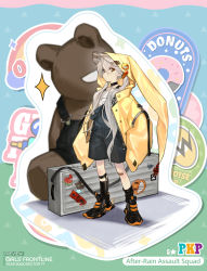 Rule 34 | 1girl, aged down, artist request, black footwear, black overalls, character name, closed mouth, coat, commentary, copyright name, english commentary, girls&#039; frontline, grey hair, weapon case, highres, hood, hood down, long hair, looking at viewer, official alternate costume, official art, open clothes, open coat, overalls, pkp (after-rain assault squad) (girls&#039; frontline), pkp (girls&#039; frontline), promotional art, shirt, shoes, sleeves past fingers, sleeves past wrists, socks, solo, stuffed animal, stuffed toy, teddy bear, white shirt, yellow coat, yellow eyes