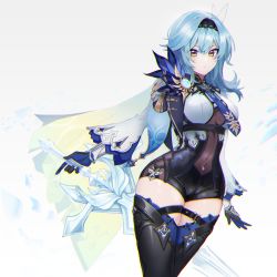 Rule 34 | 1girl, bad id, bad pixiv id, blue hair, blue necktie, bodystocking, breasts, cape, center opening, covered navel, dano, eula (genshin impact), genshin impact, gloves, hairband, half-closed eyes, highres, holding, holding sword, holding weapon, long sleeves, medium breasts, necktie, skindentation, solo, sword, thick thighs, thigh strap, thighhighs, thighs, vambraces, weapon, wide hips