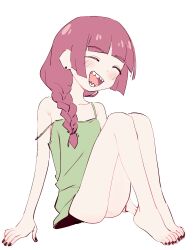 Rule 34 | 1girl, :d, absurdres, arm support, bare legs, barefoot, blush, bocchi the rock!, braid, closed eyes, commentary, earrings, eds, full body, green shirt, happy, highres, hiroi kikuri, jewelry, nail polish, open mouth, sharp teeth, shirt, simple background, sitting, sleeveless, sleeveless shirt, smile, solo, strap slip, teeth, thighs, toenail polish, toenails, toes, tongue, white background