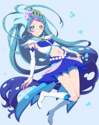 Rule 34 | 1girl, blue background, blue eyes, blue hair, blush, boots, bubble, clearite, cure mermaid, earrings, elbow gloves, fingerless gloves, flat chest, gloves, go! princess precure, highres, jewelry, kaidou minami, long hair, looking at viewer, magical girl, matching hair/eyes, midriff, multicolored hair, navel, precure, purple hair, shell, shell earrings, smile, solo, streaked hair, two-tone hair, very long hair, white gloves