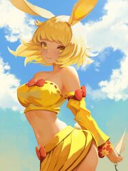 Rule 34 | 1girl, absurdres, animal ears, bare shoulders, blonde hair, blue sky, bow, breasts, cleavage, closed mouth, cloud, commentary, cowboy shot, dancer rabbit, day, detached sleeves, english commentary, highres, holding, holding knife, knife, kunai, looking at viewer, medium breasts, midriff, navel, orange bow, outdoors, rabbit and steel, ribbon-trimmed tube top, short hair, skirt, sky, sleeve bow, smile, solo, strapless, tube top, weapon, yan kodiac, yellow eyes, yellow skirt, yellow sleeves, yellow tube top