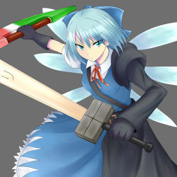 Rule 34 | 1girl, adapted costume, advent cirno, blue eyes, blue hair, bow, cirno, detached wings, dual wielding, hair bow, highres, holding, ice, ice wings, long sleeves, matching hair/eyes, puffy sleeves, short sleeves, solo, sword, touhou, tsukigano, weapon, wings
