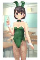 Rule 34 | 1girl, absurdres, animal ears, bare shoulders, black eyes, black hair, blurry, blurry background, border, bow, bowtie, breasts, classroom, cleavage, collarbone, cowboy shot, detached collar, fake animal ears, fishnet pantyhose, fishnets, green bow, green bowtie, green leotard, highres, leotard, looking at viewer, original, outside border, pantyhose, playboy bunny, rabbit ears, school, short hair, small breasts, smile, solo, standing, strapless, strapless leotard, takafumi, v, white border, wrist cuffs