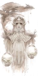 Rule 34 | 1girl, closed mouth, curled horns, gluteal fold, highres, horns, legs together, long hair, long sleeves, looking at viewer, mamaloni, monochrome, original, pointy ears, robe, sepia, simple background, solo, standing, tiara, tree, white background