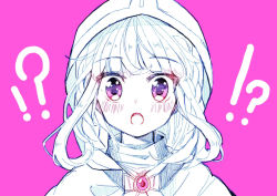 Rule 34 | !?, 1girl, :o, blunt bangs, blush, christy mii, cloak, close-up, dot nose, eyes visible through hair, floating hair, hood, hood up, hooded cloak, looking at viewer, magia record: mahou shoujo madoka magica gaiden, mahou shoujo madoka magica, open mouth, pink background, pink eyes, pink theme, sidelocks, simple background, solo, soul gem, spot color, surprised, tamaki iroha, tareme, turtleneck, upper body, wide-eyed
