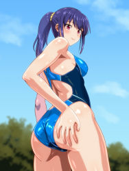 Rule 34 | 1girl, ass, blue sky, blue one-piece swimsuit, blurry, breasts, cloud, commentary request, competition swimsuit, cowboy shot, day, depth of field, from behind, hand on own ass, lips, long hair, looking at viewer, looking back, medium breasts, monteriakitto, one-piece swimsuit, original, outdoors, purple hair, red eyes, sky, solo, swimsuit, tree