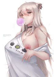 Rule 34 | 1girl, absurdres, ahoge, animal ears, artist name, belt collar, blush, bra, breasts, chewing gum, cleavage, clothes pull, collar, ear piercing, flashing, grey eyes, grey hair, hair between eyes, highres, hololive, jewelry, large breasts, lion ears, lion girl, long hair, looking at viewer, myth1carts, nipples, no bra, oversized clothes, oversized shirt, pendant, piercing, presenting, shirt, shirt pull, shishiro botan, shishiro botan (casual), solo, twitter logo, underwear, virtual youtuber, white background