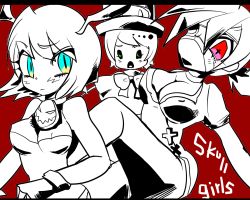 Rule 34 | ..., 3girls, age difference, animal ears, blue eyes, breasts, child, cleavage, copyright name, green eyes, large breasts, letterboxed, midriff, monochrome, ms. fortune (skullgirls), multiple girls, nurse, open mouth, peacock (skullgirls), red eyes, sakyouni, skullgirls, spot color, symbol-shaped pupils, transparent background, valentine (skullgirls)