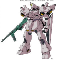 Rule 34 | absurdres, arm shield, char&#039;s counterattack, char&#039;s counterattack - beltorchika&#039;s children, character name, clenched hand, full body, gun, gundam, highres, holding, holding gun, holding weapon, mecha, mobile suit, no humans, official art, one-eyed, pink eyes, production art, psycho doga, robot, solo, standing, weapon, white background, yanase takayuki