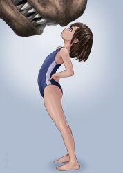 Rule 34 | 1girl, arched back, barefoot, blue one-piece swimsuit, brown eyes, brown hair, commentary request, dinosaur, eye contact, flat chest, full body, gradient background, grey background, highres, looking at another, one-piece swimsuit, original, rohitsuka, school swimsuit, short hair, single vertical stripe, solo focus, striped clothes, striped one-piece swimsuit, swimsuit, vertical-striped clothes, vertical-striped one-piece swimsuit