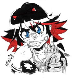 Rule 34 | 10s, 1girl, bad id, bad pixiv id, bandaid, black hair, blue eyes, breasts, bruise, cleavage, daniel j. luis, face, gloves, horns, injury, jacket, kill la kill, letterman jacket, looking at viewer, matoi ryuuko, middle finger, mouth pull, multicolored hair, red hair, short hair, single glove, small breasts, solo, two-tone hair
