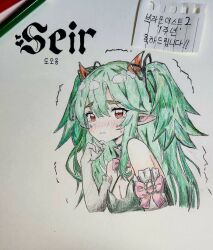 Rule 34 | 1girl, black dress, blush, breasts, brown dust 2, character name, cleavage, colored pencil (medium), cropped torso, crying, crying with eyes open, demon girl, demon horns, dooong, dress, elbow gloves, full-face blush, gloves, green hair, highres, horns, korean text, long hair, looking at viewer, motion lines, photo (medium), pink ribbon, pointy ears, red eyes, red horns, ribbon, seir (brown dust), short twintails, signature, sketch, small breasts, solo, tears, traditional media, trembling, twintails, upper body, very long hair, white gloves