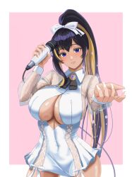 Rule 34 | 1girl, absurdres, black bow, black bowtie, black hair, blonde hair, blue eyes, blush, bow, bowtie, breasts, clothing cutout, collared dress, colored inner hair, dark-skinned female, dark skin, dress, goddess of victory: nikke, hair ribbon, high ponytail, highres, holding, holding phone, large breasts, microphone, multicolored hair, noise (cherry blossom stage) (nikke), noise (nikke), official alternate costume, phone, pleated dress, ribbon, see-through, see-through sleeves, sideboob, smile, solo, super bee, underboob, white dress, white nails, white ribbon