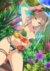Rule 34 | 1girl, armpits, breasts, brown hair, bug, butterfly, cleavage, floral print, flower, flower on head, food, fruit, glasses, green eyes, highres, holding, holding food, imu (senran kagura), insect, jungle, leaf bikini, looking at viewer, mango, nature, senran kagura, twintails
