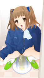 Rule 34 | 1girl, bathroom, blue jacket, blush, bottomless, brown eyes, brown hair, dedenden (pixiv30568724), female focus, female pubic hair, green footwear, highres, holding, jacket, long hair, long sleeves, looking at viewer, open mouth, peeing, pubic hair, pussy, shoes, sneakers, socks, solo, squat toilet, squatting, tissue, toilet, toilet paper, toilet use, twintails, uncensored, wall, white socks, zipper