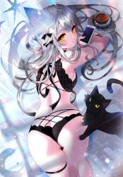 Rule 34 | 1girl, absurdres, animal, armpits, arutera, ass, back, bare arms, bare shoulders, barefoot, black bra, black cat, black panties, bra, breasts, cat, cup, expressionless, from behind, highres, holding, lingerie, long hair, looking at viewer, looking back, lying, medium breasts, on stomach, original, panties, parted lips, phone, silver hair, solo, thigh strap, thighs, underwear, underwear only, yellow eyes