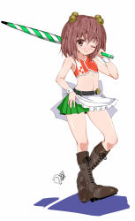 Rule 34 | 1girl, adapted costume, bad id, bad pixiv id, bare shoulders, bell, blush, boots, closed umbrella, full body, hair bell, hair ornament, hand on own hip, highres, karasawa-40, midriff, motoori kosuzu, one eye closed, race queen, red eyes, red hair, short hair, simple background, skirt, smile, solo, touhou, twintails, two side up, umbrella, white background, wink, wrist cuffs