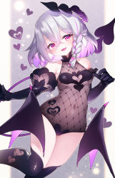 Rule 34 | 1girl, :d, bare shoulders, black gloves, black thighhighs, braid, breasts, brown leotard, commentary, covered navel, demon girl, demon tail, demon wings, elbow gloves, feet out of frame, gloves, grey hair, hair between eyes, head tilt, heart, highres, kito (sorahate), leotard, looking at viewer, low wings, multicolored hair, open mouth, original, over-kneehighs, pink hair, pink wings, purple eyes, single braid, small breasts, smile, solo, symbol-only commentary, tail, thighhighs, two-tone hair, wings