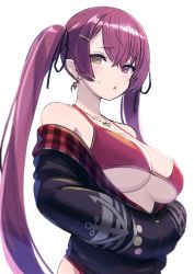 Rule 34 | 1girl, :o, bare shoulders, bikini, black jacket, blush, breasts, brown eyes, commentary, earrings, enumiyaa, hair ornament, hairclip, hands in pockets, heterochromia, highres, hololive, houshou marine, houshou marine (summer), jacket, jewelry, large breasts, long hair, long sleeves, looking at viewer, necklace, open clothes, open jacket, open mouth, partially unzipped, purple eyes, purple hair, red bikini, simple background, solo, sweat, swimsuit, twintails, underboob, virtual youtuber, white background