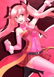 Rule 34 | 1girl, absurdres, bad id, bad pixiv id, belt, elbow gloves, fingerless gloves, gloves, hair ribbon, hatsune miku, highres, hirose geronimo, long hair, looking at viewer, open mouth, pink gloves, pink hair, pink thighhighs, red eyes, red ribbon, red skirt, ribbon, sakura miku, skirt, solo, thighhighs, twintails, vocaloid, zettai ryouiki