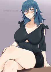 Rule 34 | 1girl, alternate costume, arm support, bespectacled, black shirt, blue eyes, blue hair, breasts, byleth (female) (fire emblem), byleth (fire emblem), cleavage, collarbone, commentary, crossed legs, english commentary, feet out of frame, fire emblem, fire emblem: three houses, glasses, highres, large breasts, long hair, looking at viewer, nintendo, parted lips, red-framed eyewear, shirt, short sleeves, sitting, solo, thighs, vialnite