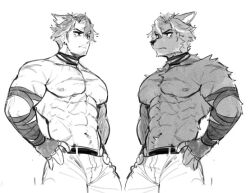 Rule 34 | 2boys, abs, alternate pectoral size, bara, clone, cropped legs, dog boy, earrings, ears down, from side, furrification, furry, furry male, genshin impact, greyscale, jewelry, large pectorals, looking ahead, male focus, monochrome, multicolored hair, multiple boys, muscular, muscular male, navel, navel hair, nipples, papyuuno, pectorals, short hair, stomach, streaked hair, thick eyebrows, topless male, unfinished, wriothesley (genshin impact)