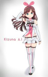 Rule 34 | &gt;:), 1girl, absurdres, arm up, arm warmers, bad id, bad twitter id, blue eyes, bow, brown hair, c:, chabifather, character name, closed mouth, doyagao, floating hair, full body, hair bow, hairband, highres, kizuna ai, kizuna ai inc., lace, lace-trimmed legwear, lace-trimmed sleeves, lace trim, long hair, looking at viewer, multicolored hair, navel, pink bow, pink hair, sailor collar, short shorts, shorts, sleeves past wrists, smile, smug, solo, streaked hair, swept bangs, thighhighs, v-shaped eyebrows, vest, virtual youtuber, white shorts, white thighhighs, white vest